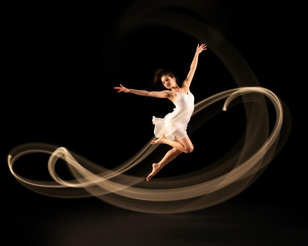 Leaping dancer wrapped in light ribbons